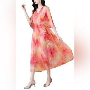 100% Silk Dress Sunset Color Beach, Vacation honeymoon Cocktail size 3XL